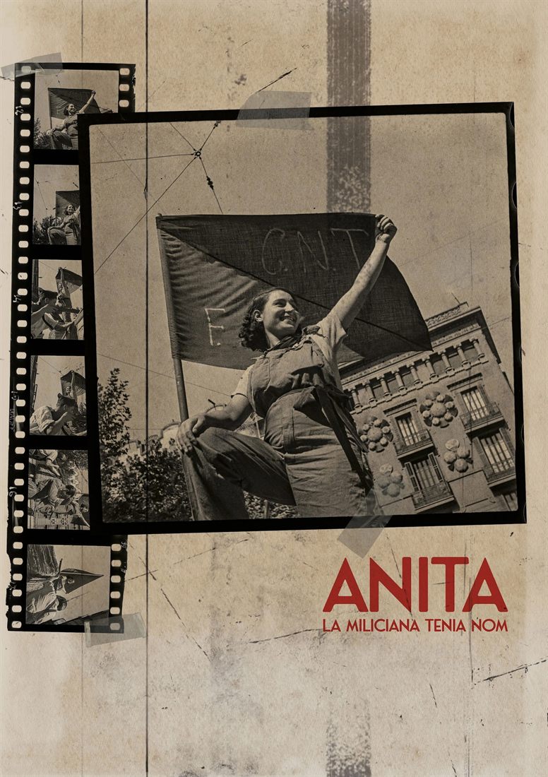 Black-and-white photo of a militiawoman waving a flag, next to a film strip with several small photos.